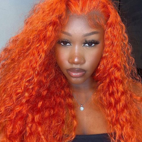 Bright Orange Water Wave Hair 13x4 Lace Front Wigs Pre Plucked3