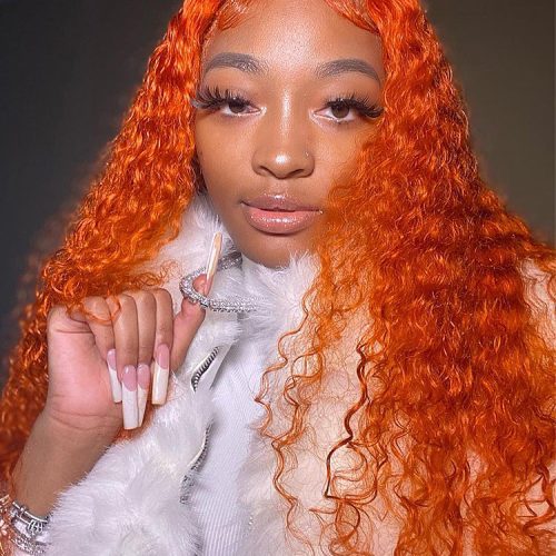 Bright Orange Water Wave Hair 13x4 Lace Front Wigs Pre Plucked4