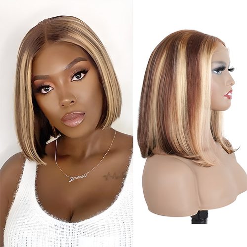 CurlyMe 4x4 Transparent Lace Highlights Ombre Straight Hair Bob Wigs Pre plucked3