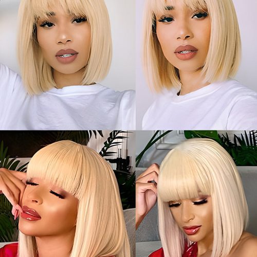 CurlyMe 613 Blonde Bob Wig With Bangs Straight No Lace Human Hair Wigs2