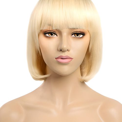 CurlyMe 613 Blonde Bob Wig With Bangs Straight No Lace Human Hair Wigs3