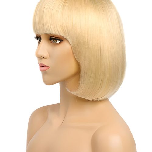 CurlyMe 613 Blonde Bob Wig With Bangs Straight No Lace Human Hair Wigs4