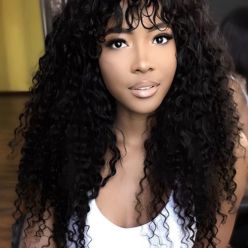 CurlyMe Water Wave Hair Non Lace Wigs Full Machine Made Wigs With Bangs For Women6